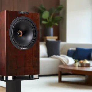 Fyne Audio Kompaktlautsprecher F701SP Walnuss Hochglanz vor Wohnambiente