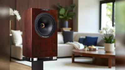 Fyne Audio Kompaktlautsprecher F701SP Walnuss Hochglanz vor Wohnambiente