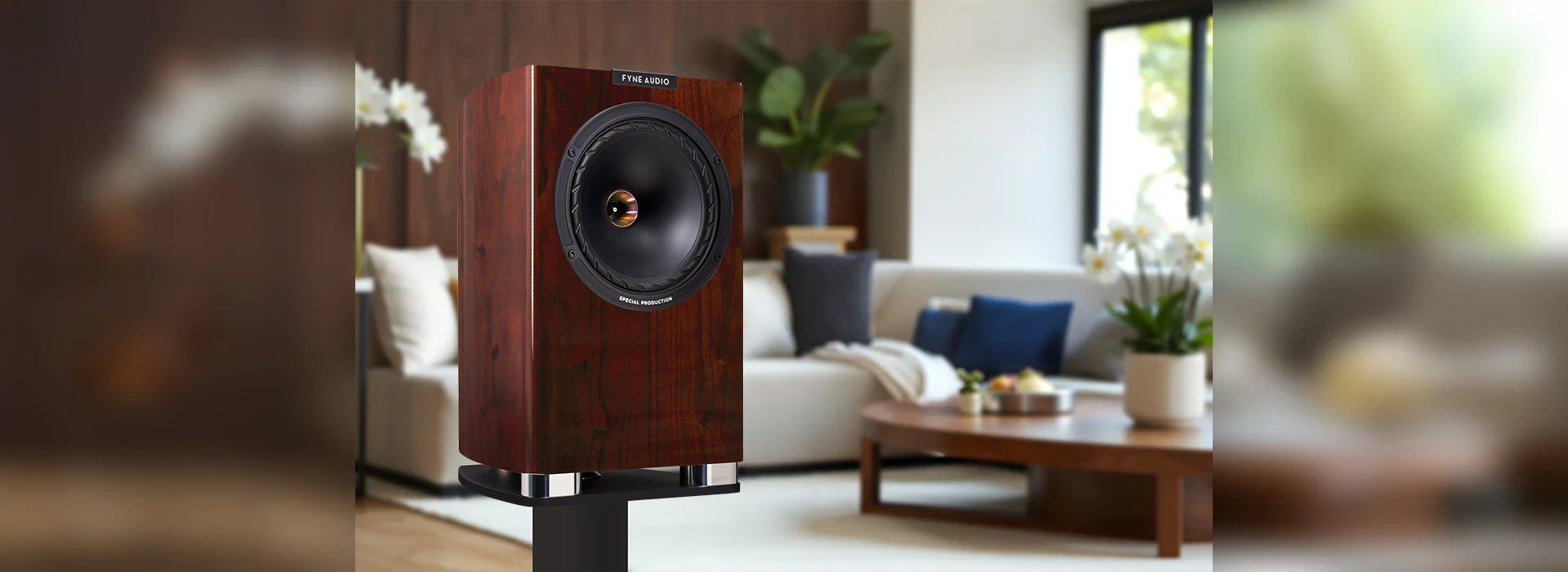 Fyne Audio Kompaktlautsprecher F701SP Walnuss Hochglanz vor Wohnambiente
