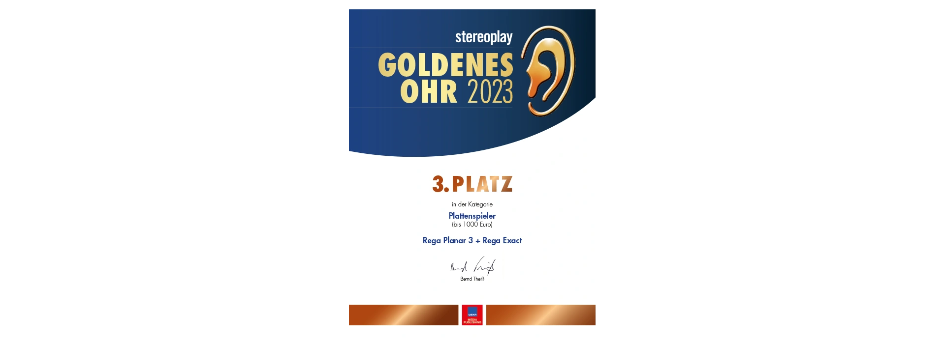 Stereoplay | Goldenes Ohr 2023 | 3. Platz für REGA Planar 3 & Exact