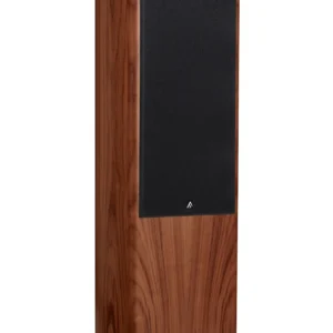 Fyne Audio Standlautsprecher F703SP, frontal abgebildet, angewinkelt, mit Abdeckung, Walnuss natur
