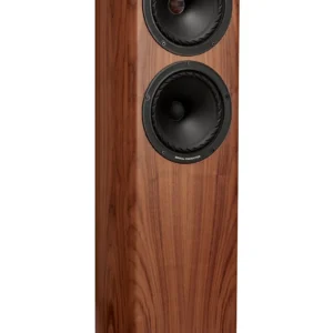 Fyne Audio Standlautsprecher F703SP, frontal abgebildet, angewinkelt, ohne Abdeckung, Walnuss natur
