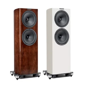 Fyne Audio F704SP weiß und walnuss angewinkelt und ohne Lautsprechergitter