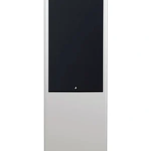 Fyne Audio Standlautsprecher F704SP, frontal abgebildet mit Abdeckung, weiß Hochglanz