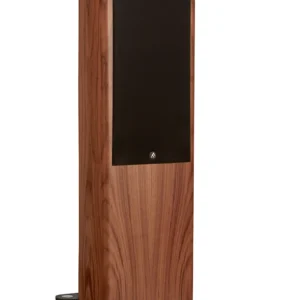 Fyne Audio Standlautsprecher F702SP, frontal abgebildet, angewinkelt, mit Abdeckung, Walnuss natur