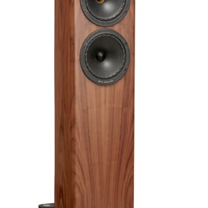 Fyne Audio Standlautsprecher F702SP, frontal abgebildet, angewinkelt, ohne Abdeckung, Walnuss natur