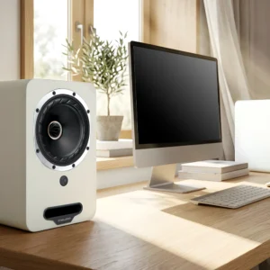 Fyne Audio Cubitt 5 weiss auf Schreibtisch